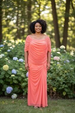 Cinderella Divine 4XL Coral Ruched Off Shoulder Formal Gown Maxi Dress Plus
